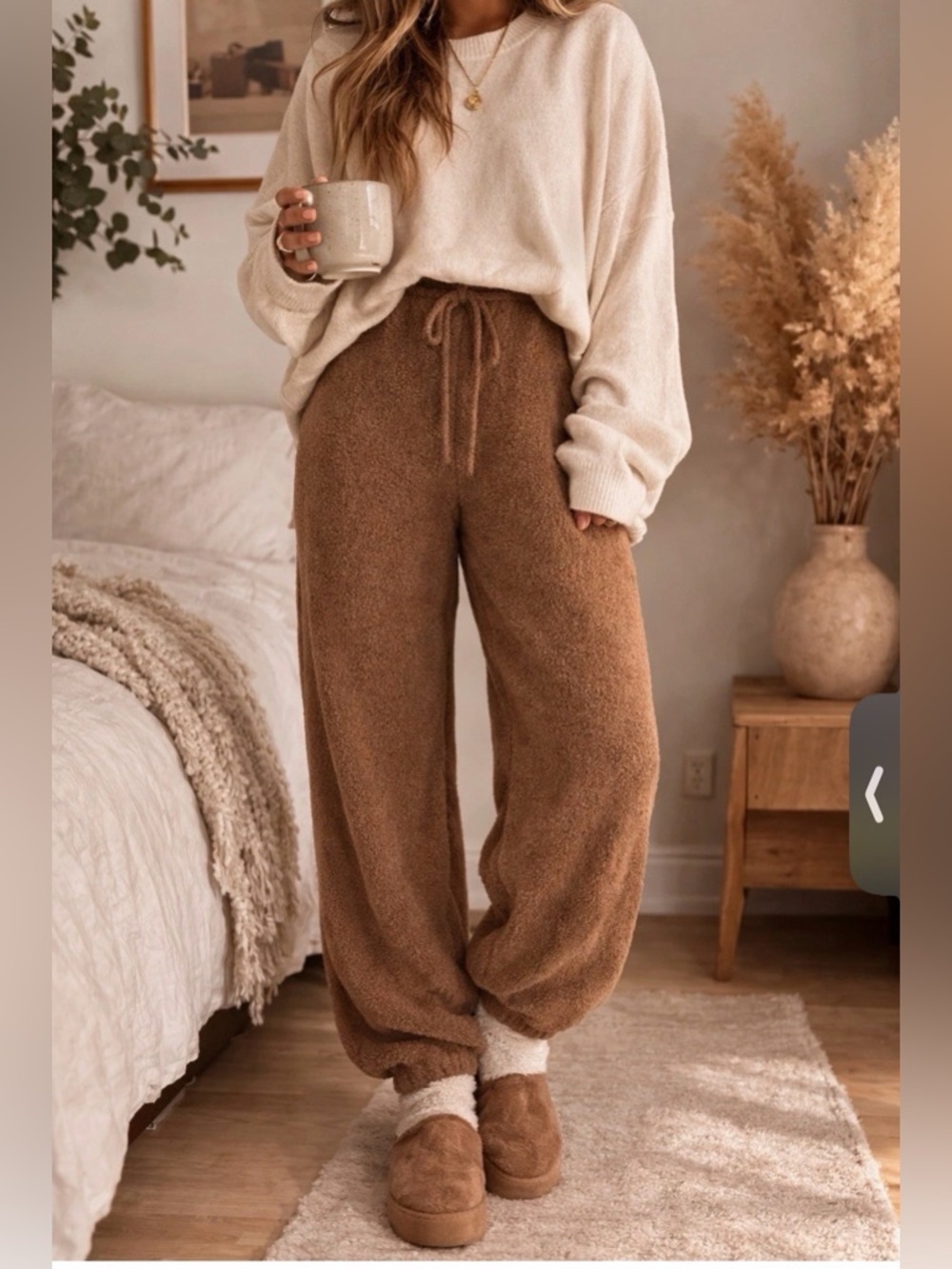 SKIMS Brown Cozy Teddy Fleece Jogger Lounge Pants Drawstring Womens (Size S/M)